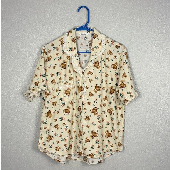Ullala Comfy and Vintage Pajama Cream Teddy Bear Print Ruffled Collar Sleep Top - Picture 1 of 9